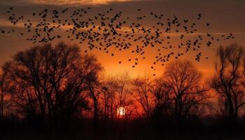 silhouette de en volant des oiseaux dans vibrant le coucher du soleil généré par ai photo
