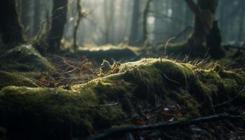 foncé forêt mystère humide feuilles, effrayant branches généré par ai photo