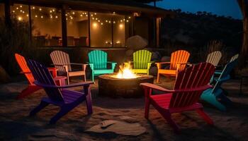 brûlant bois illumine confortable Extérieur relaxation à crépuscule généré par ai photo