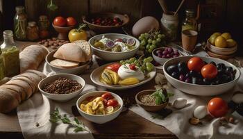 Frais gourmet repas sur rustique en bois table généré par ai photo