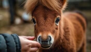 mignonne poulain pâturage dans prairie, été amusement généré par ai photo