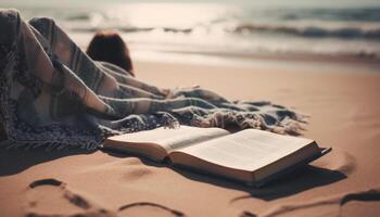 en train de lire Bible sur sablonneux plage à le coucher du soleil généré par ai photo