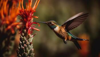 planant roux colibri pollinise vibrant fleur en plein air généré par ai photo