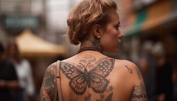 Jeune femme tatouage vitrines la créativité et beauté généré par ai photo