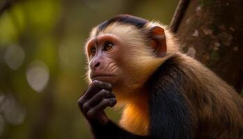 Jeune macaque séance dans tropical forêt tropicale arbre généré par ai photo