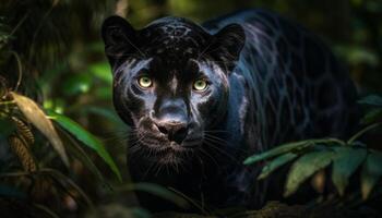 en danger jaguar regarder dans tropical forêt tropicale beauté généré par ai photo