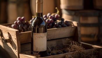 mûr grain de raisin grappes sur rustique vignoble table généré par ai photo