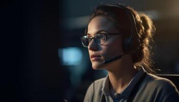 Jeune femme souriant, casque sur, travail à l'intérieur généré par ai photo