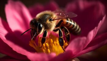 occupé abeille polliniser Jaune fleur dans la nature généré par ai photo