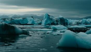 flottant sur congelé Arctique eau, majestueux Montagne intervalle généré par ai photo