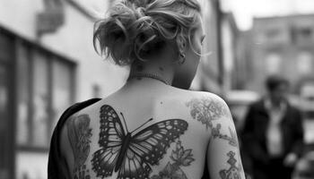 Jeune femmes permanent en plein air, mettant en valeur leur tatouages généré par ai photo