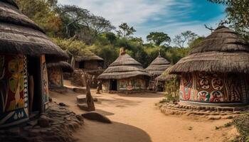 chaume toits point paysage, mettant en valeur indigène des cultures généré par ai photo