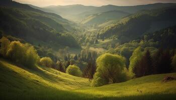 majestueux Montagne culminer, tranquille lever du soleil, idyllique paysage généré par ai photo