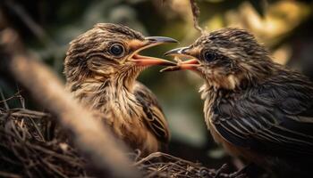 Jeune oiseau se percher sur bifurquer, mignonne portrait généré par ai photo