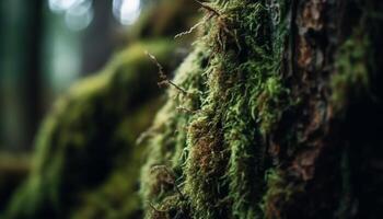 vert feuilles et lichen couverture vieux arbre généré par ai photo