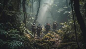 Hommes et femmes une randonnée par tropical forêt tropicale généré par ai photo