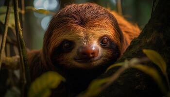 proche en haut de velu maki séance sur branche généré par ai photo