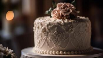 indulgent Chocolat mariage gâteau avec fleuri décoration généré par ai photo