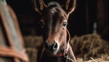 mignonne Jeune cheval pâturage dans vert Prairie généré par ai photo