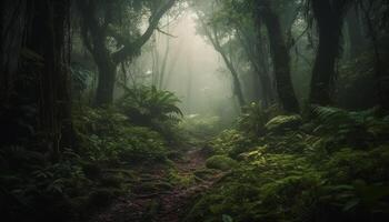 mystère dans le effrayant tropical forêt tropicale à nuit généré par ai photo