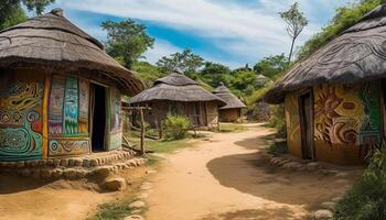 chaume cabane dans africain paysage, riches culture généré par ai photo