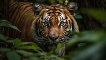 majestueux Bengale tigre en regardant, cache dans forêt généré par ai photo