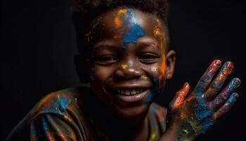 souriant enfant coloré visage peindre brille à nuit généré par ai photo