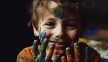 souriant enfant des peintures coloré portrait avec la créativité généré par ai photo