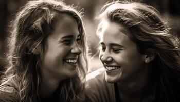 deux Jeune femmes embrasser, souriant dans la nature généré par ai photo