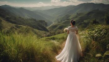 un la mariée marche, entouré par la nature beauté généré par ai photo