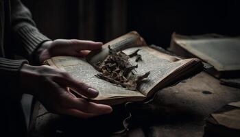 main en portant vieux Bible, en train d'étudier religieux sagesse généré par ai photo