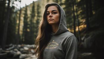 Jeune femme dans forêt, beauté dans la nature généré par ai photo