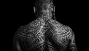 musclé homme avec tatoué noir épaule conception généré par ai photo