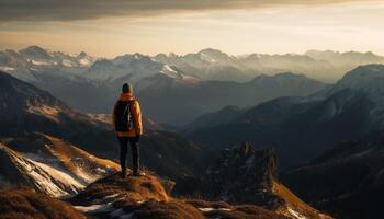 un la personne randonnée Montagne culminer, sac à dos dans remorquer généré par ai photo