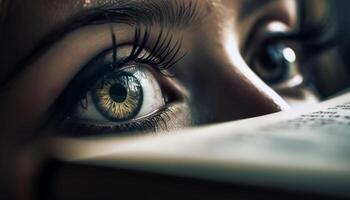 magnifique femme en regardant, bleu yeux en train de regarder réflexion généré par ai photo