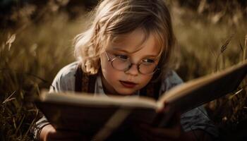 mignonne fille en train d'étudier en plein air, en portant image livre généré par ai photo