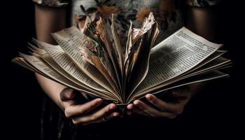 main en portant antique Bible, cherchant sagesse et spiritualité généré par ai photo