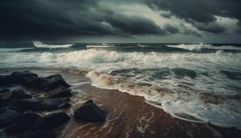 tranquille paysage marin à crépuscule, vagues rupture doucement généré par ai photo