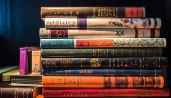 piles de vieux livres sur antique étagère généré par ai photo