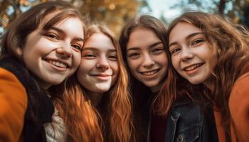 groupe de souriant copains profiter l'automne en plein air généré par ai photo