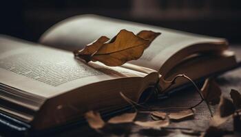 antique Bible sur bois table dans l'automne la nature généré par ai photo