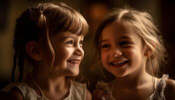 deux mignonne les filles en jouant en plein air, souriant joyeusement généré par ai photo