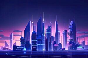 une futuriste ville avec embrasé grattes ciels. 3d le rendu, 3d Jeu ville futuriste dessin animé style bleu le coucher du soleil ai généré photo