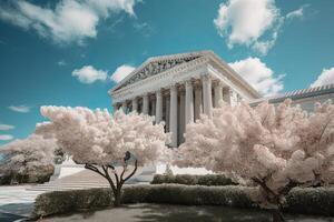 le Jefferson Mémorial dans Washington cc, Etats-Unis avec Cerise fleurs. une ancien suprême tribunal à l'extérieur vue avec une bleu ciel, ai généré photo