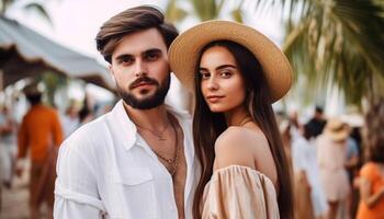 souriant couple embrasse dans la nature beauté généré par ai photo