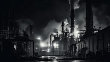 la nuit raffinerie émet fumées de cheminées, pollué le environnement généré par ai photo
