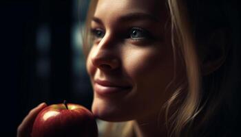 souriant Jeune femmes en portant Frais pomme, profiter en bonne santé mode de vie à l'intérieur généré par ai photo