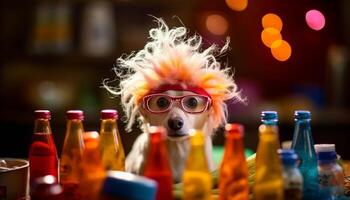 mignonne terrier jouit fête avec amis, Bière et rafraîchissements généré par ai photo