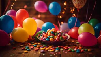 vibrant couleurs, confettis, des ballons, bonbons fête un événement généré par ai photo