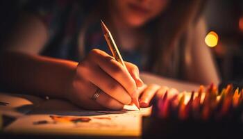 un personne, caucasien ethnie, à l'intérieur, séance, en portant crayon, dessin généré par ai photo